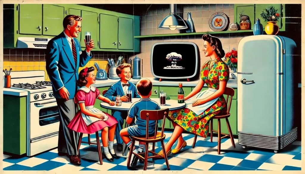 1950s print ad style of a family sitting around kitchen table smiling drinking cola with a mushroom cloud showing on the tv