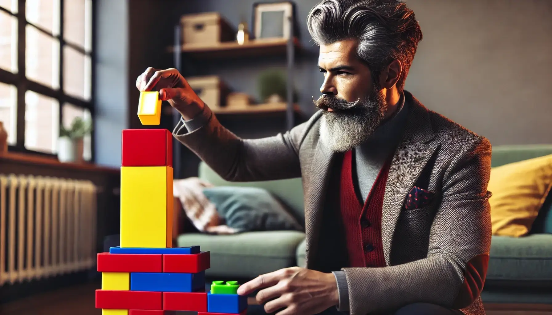 well-dressed man with a beard sitting stacking blocks in a cozy living room