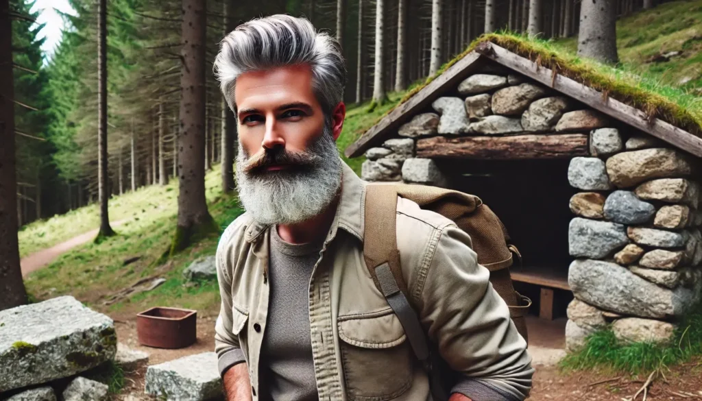 bearded man wearing a backpack standing outside a stone shelter in a forest