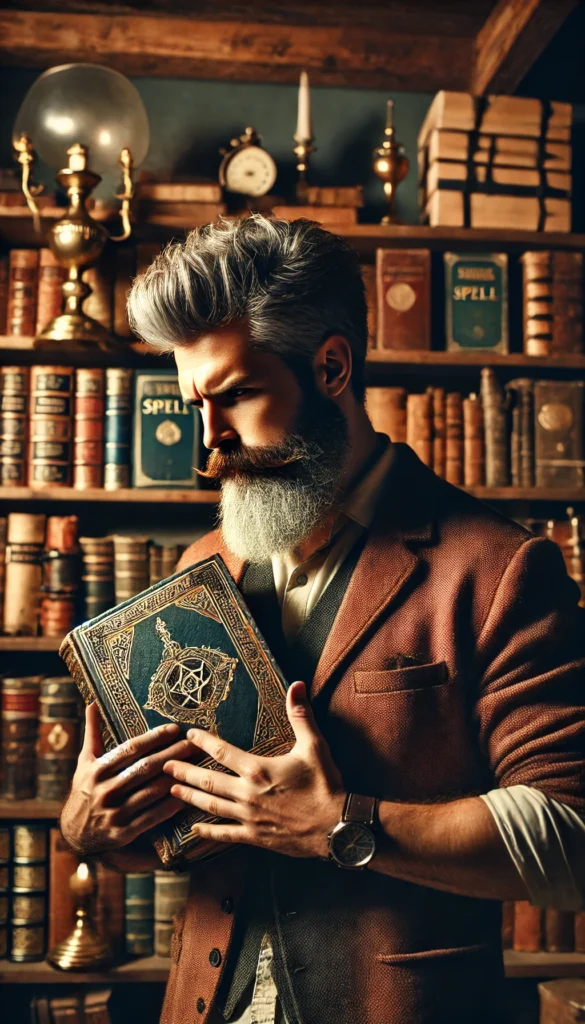 well-dressed man with a long salt-and-pepper beard holding an ornate book in a library