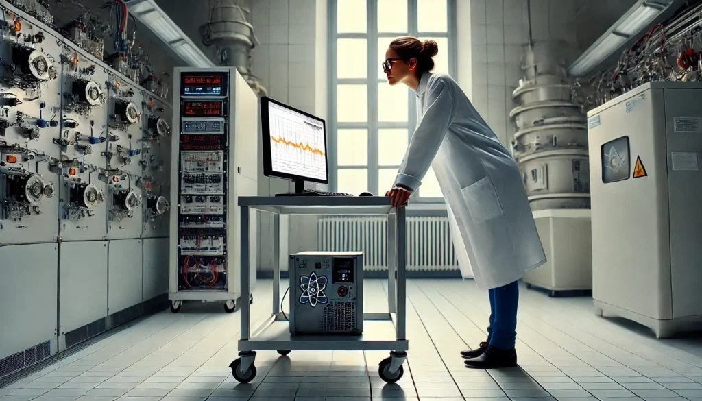 scientist standing in a lab looking at a computer screen with a data plot, surrounded by electrical equipment