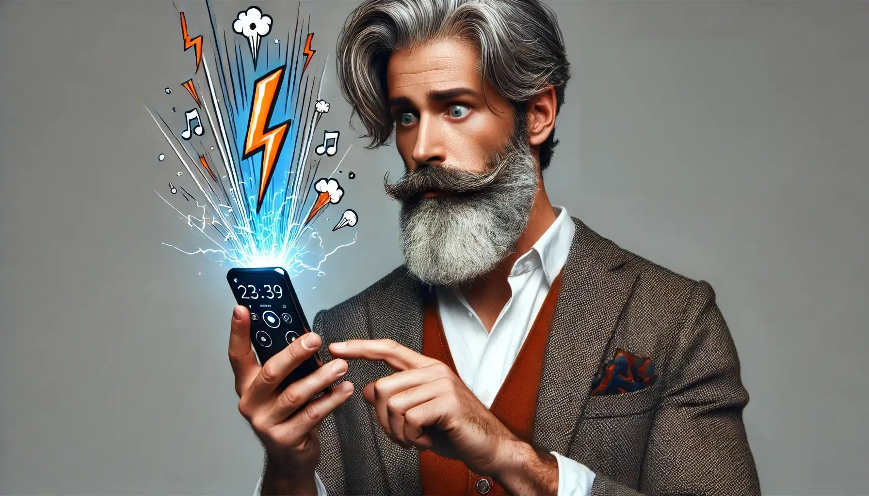 well-dressed man with medium length beard looking in surprise at exploding cell phone