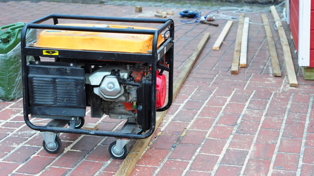 picture of a gasoline generator on a brick patio with some lumber scattered nearby