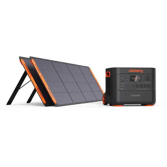 jackery black and orange solarsaga solar panels and black and orange explorer 2000 plus power station