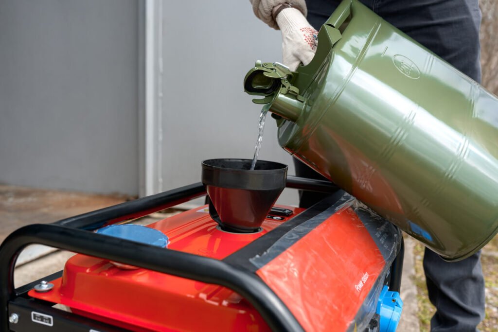 refueling black and orange worksite generator from a green metal gas can